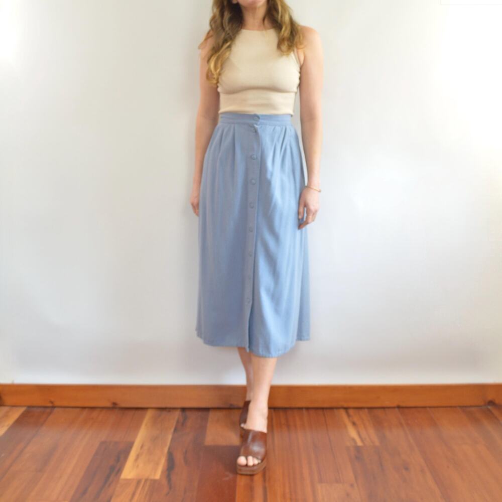100% silk robins egg blue button down elastic waist midi skirt